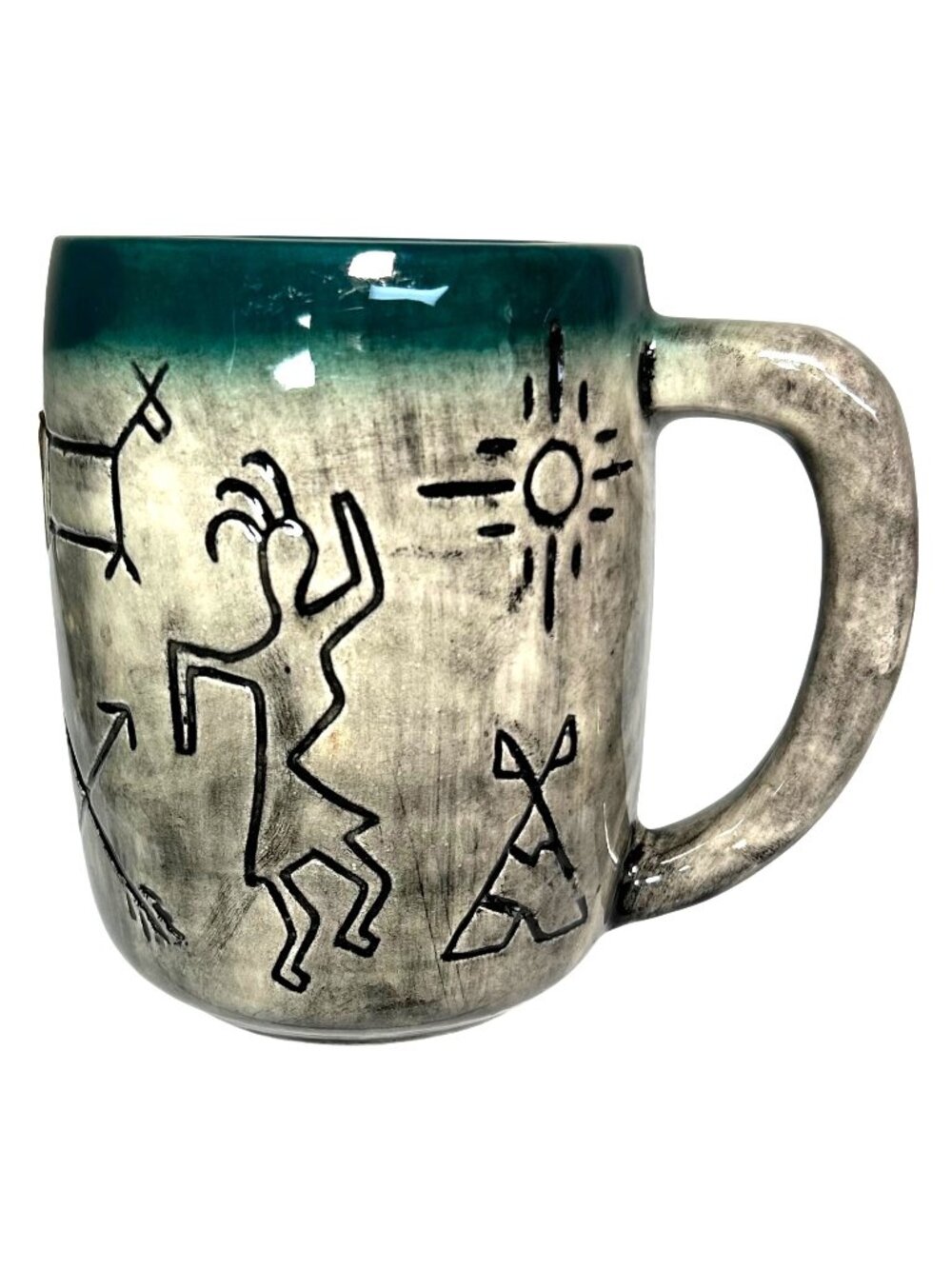 Handcrafted Ceramic Mug With Native-Inspired Etched Designs & Teal Interior